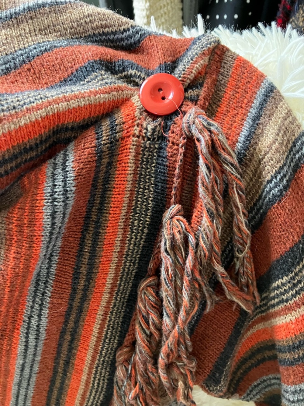 Striped Fringe Open Front Cardigan - Rust Multi - Picture 4 of 6